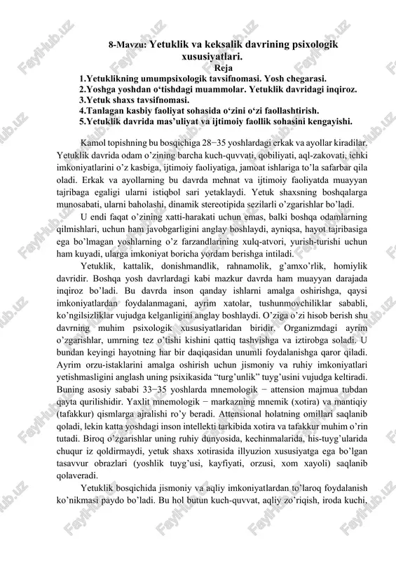 yetuklik va keksalik davrining psixologik xususiyatlari — DOCX