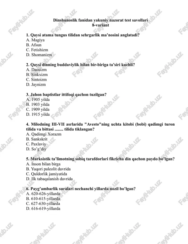 dinshunoslik fanidan yakuniy nazorat test savollari — DOC