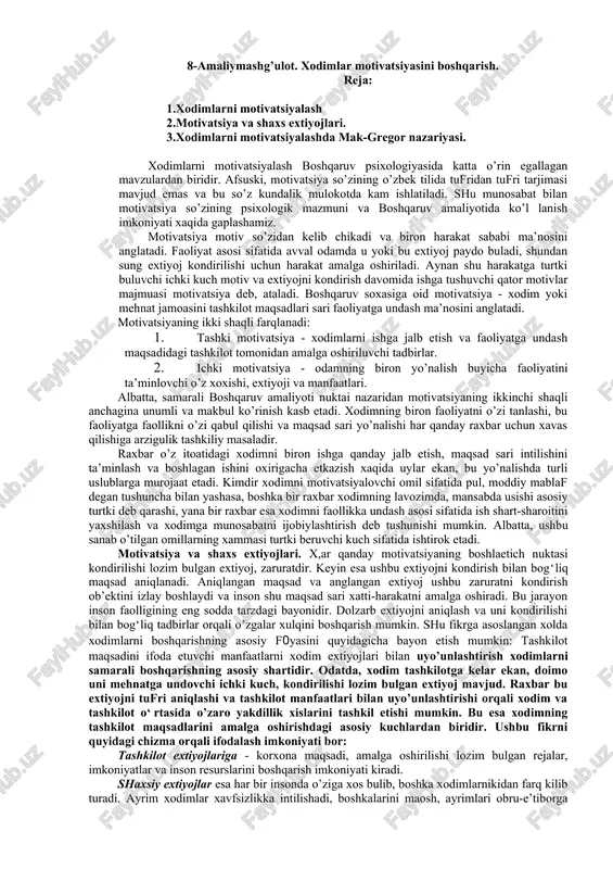 xodimlar motivatsiyasini boshqarish — DOCX