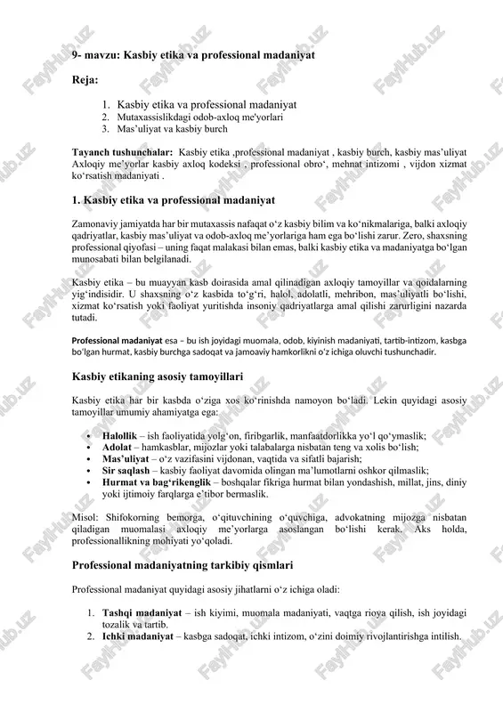 kasbiy etika va professional madaniyat — DOCX