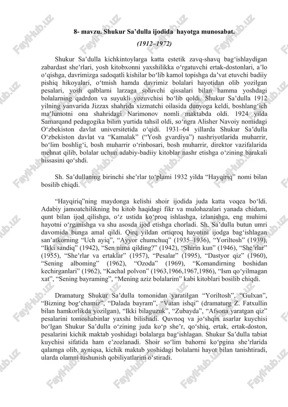 shukur sa’dulla ijodida hayotga munosabat — DOCX