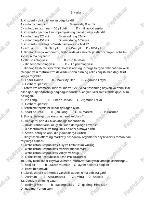 xristianlik dinining tarixi test savollari — DOCX