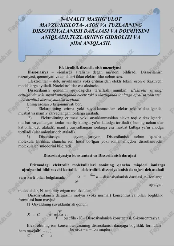 elektrolitik dissosilanish nazariyasi — DOCX