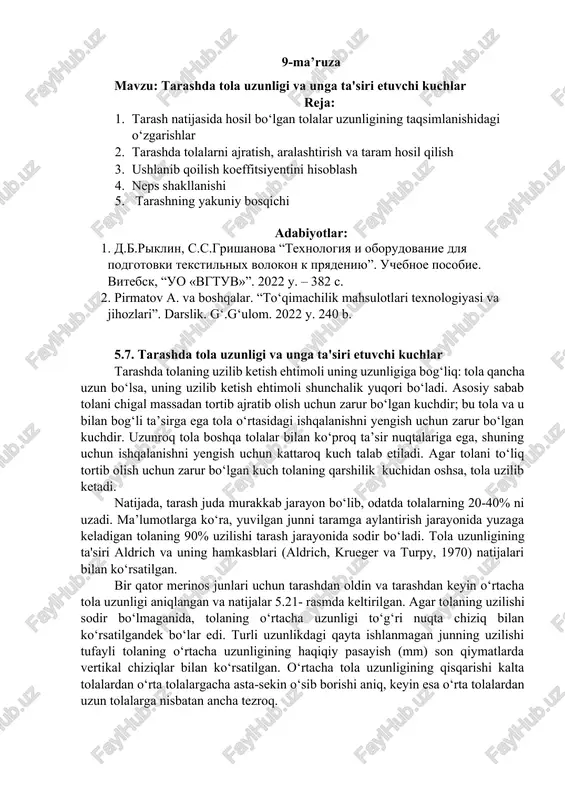 tarashda tola uzunligi va unga ta'siri etuvchi kuchlar — DOCX