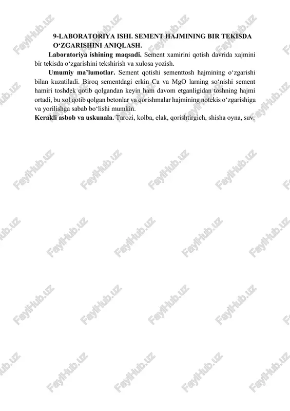 laboratoriya ishi. sement hajmining bir tekisda o‘zgarishini aniqlash — DOCX