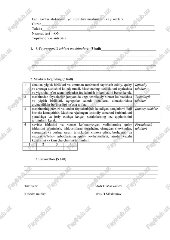 ko’tarish-tashish, yo’l qurilish mashinalari va jixozlari — DOCX
