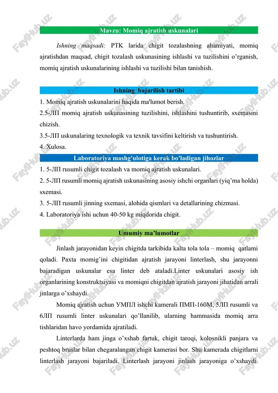 momiq ajratish uskunalari — DOCX