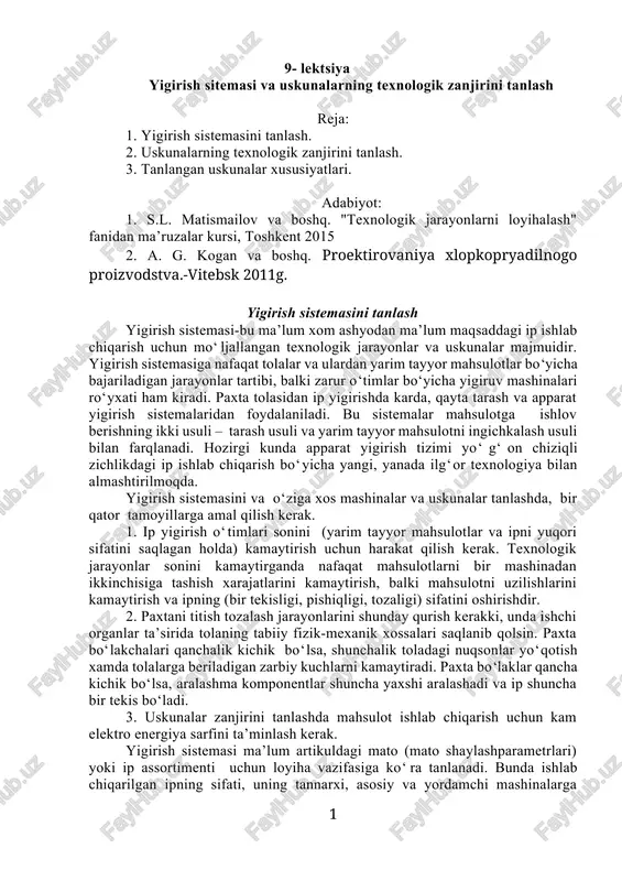 yigirish sitemasi va uskunalarning texnologik zanjirini tanlash — DOCX