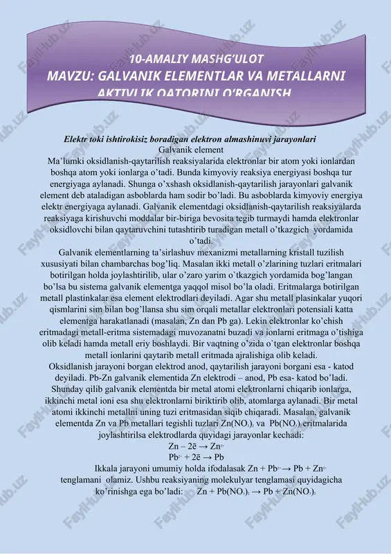 galvanik elementlar va metallarni aktivlik qatorini o’rganish — DOCX