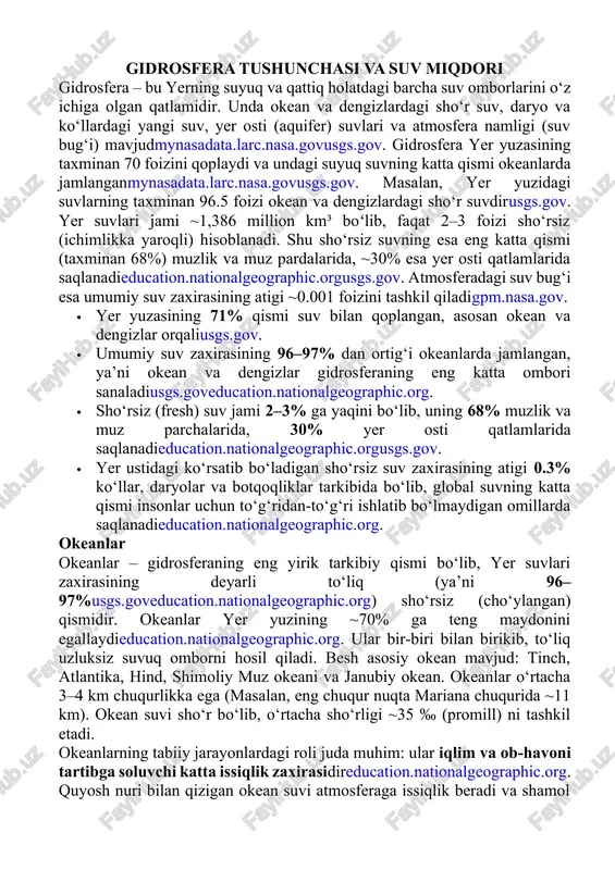 gidrosfera tushunchasi va suv miqdori — DOCX