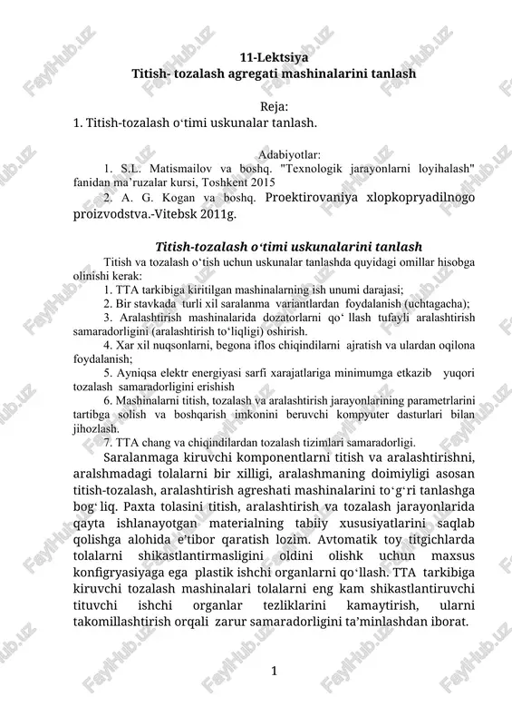 titish- tozalash agregati mashinalarini tanlash — DOCX
