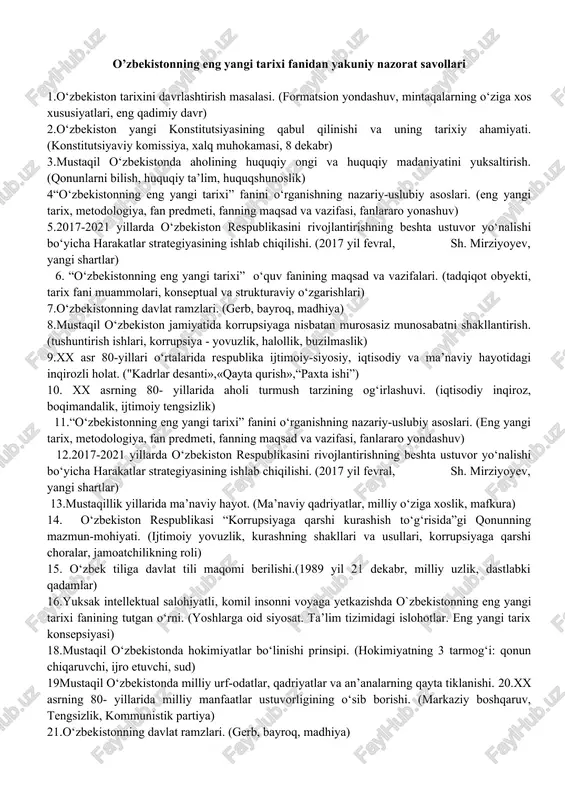 o‘zbekistonning eng yangi tarixi fanidan yakuniy nazorat savollari — DOCX