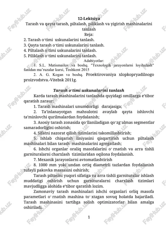 tarash va qayta tarash, piltalash, piliklash va yigirish mashinalarini tanlash — DOCX