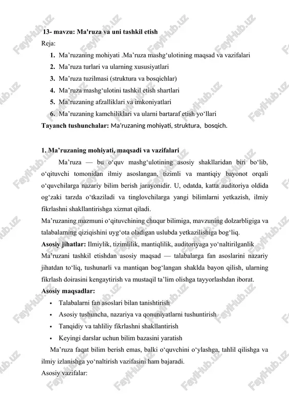 ma'ruza va uni tashkil etish — DOCX