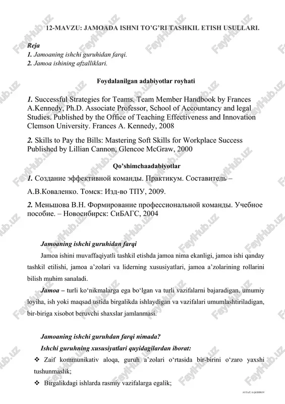 jamoada ishni to’g’ri tashkil etish usullari — DOCX