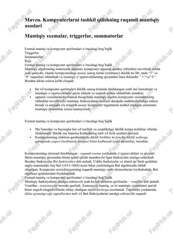 kompyuterlarni tashkil qilishning raqamli mantiqiy asoslari — DOCX