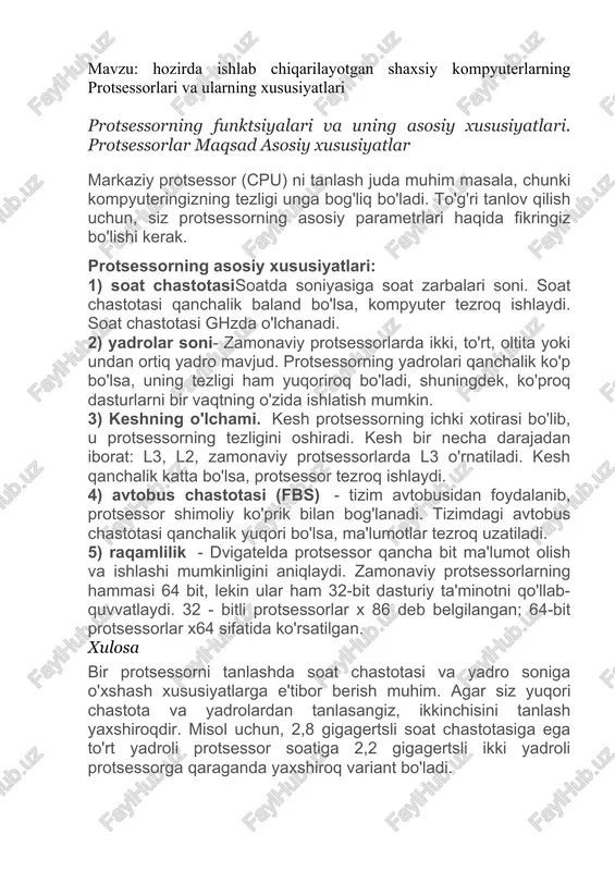 protsessorlarning xususiyatlari — DOCX