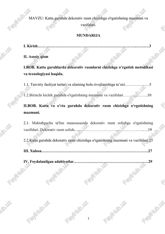 katta guruhda dekorativ rasm chizishga o'rgatishning mazmuni va vazifalari — DOCX