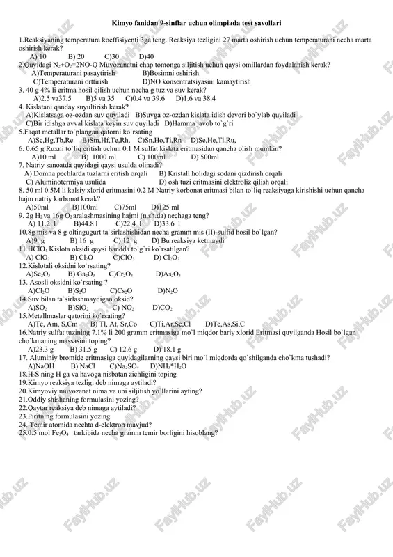kimyo fanidan 9-sinflar uchun olimpiada test savollari — DOC