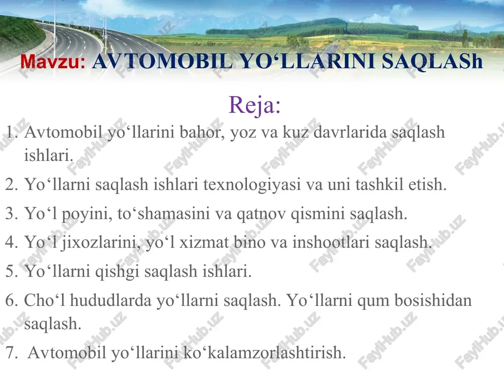 avtomobil yo‘llarini saqlash — PPT