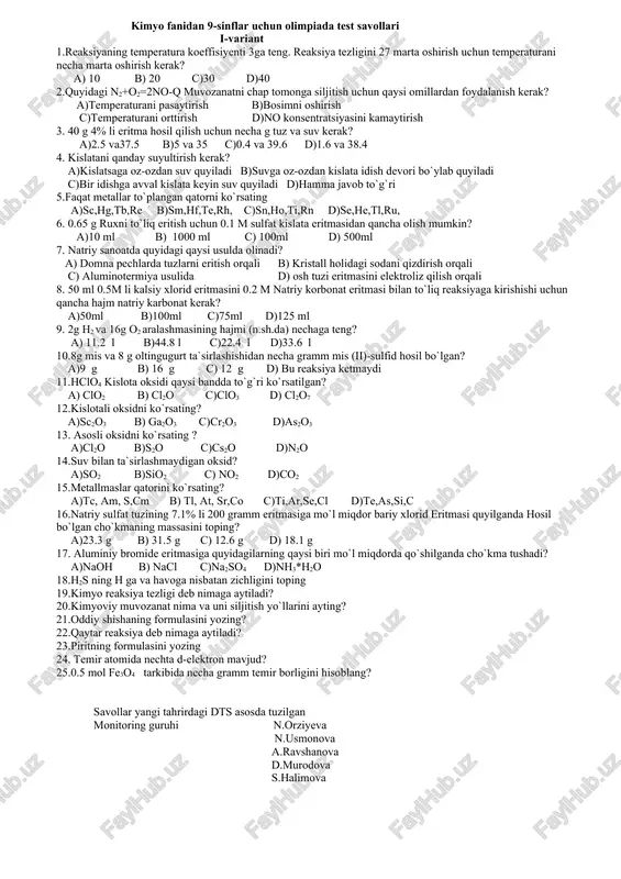 kimyo fanidan 9-sinflar uchun olimpiada test savollari — DOC