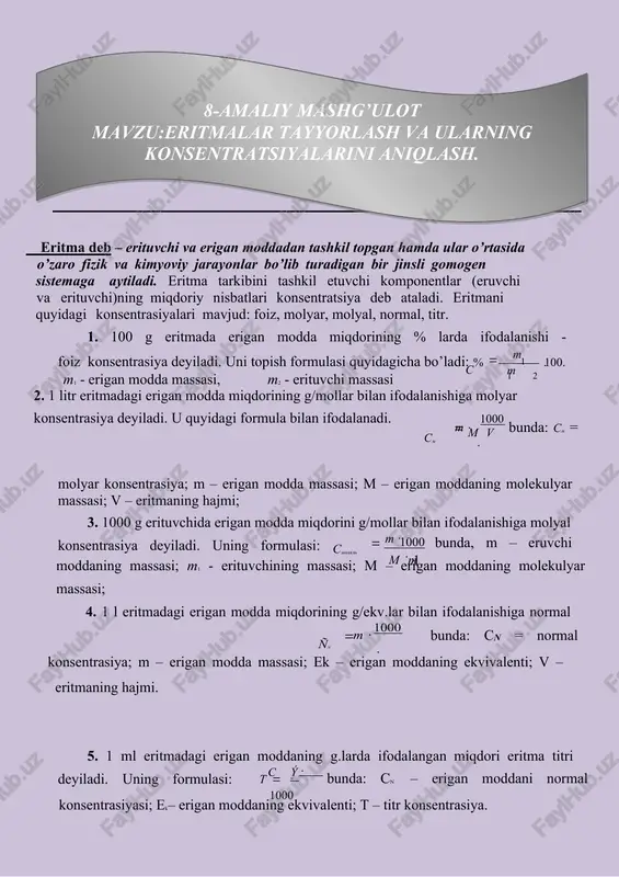 eritmalar tayyorlash va ularning konsentratsiyalarini aniqlash — DOCX