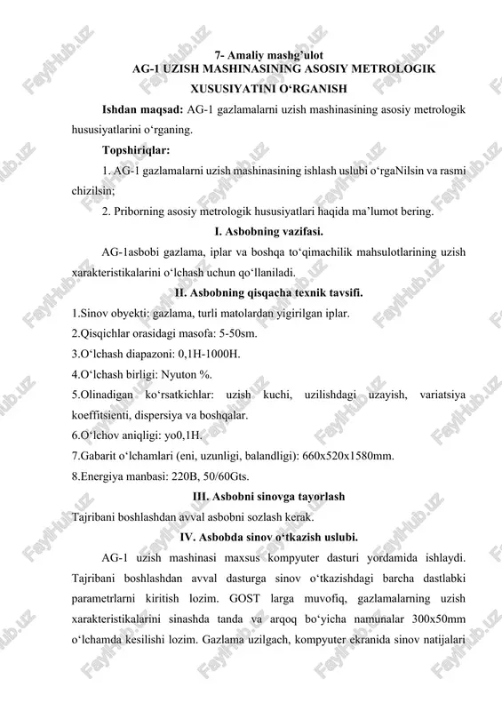 ag-1 uzish mashinasining asosiy metrologik xususiyatini o‘rganish — DOCX