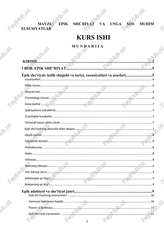 epik she’riyat va unga xos muhim xususiyatlar — DOCX