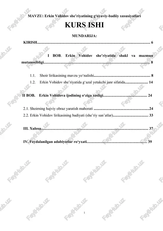 erkin vohidov she’riyatining g‘oyaviy-badiiy xususiyatlari — DOC