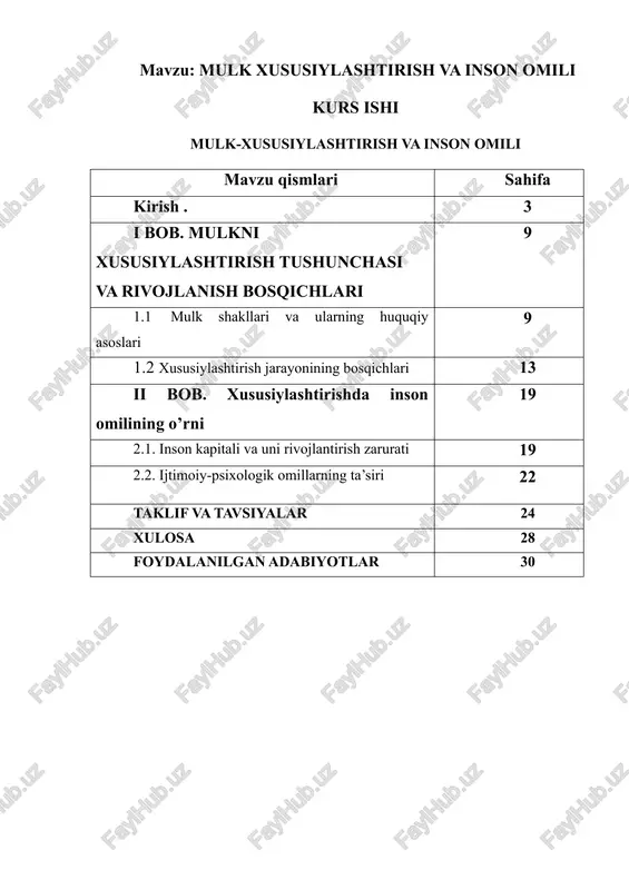 mulk-xususiylashtirish va inson omili kurs ishi — DOCX