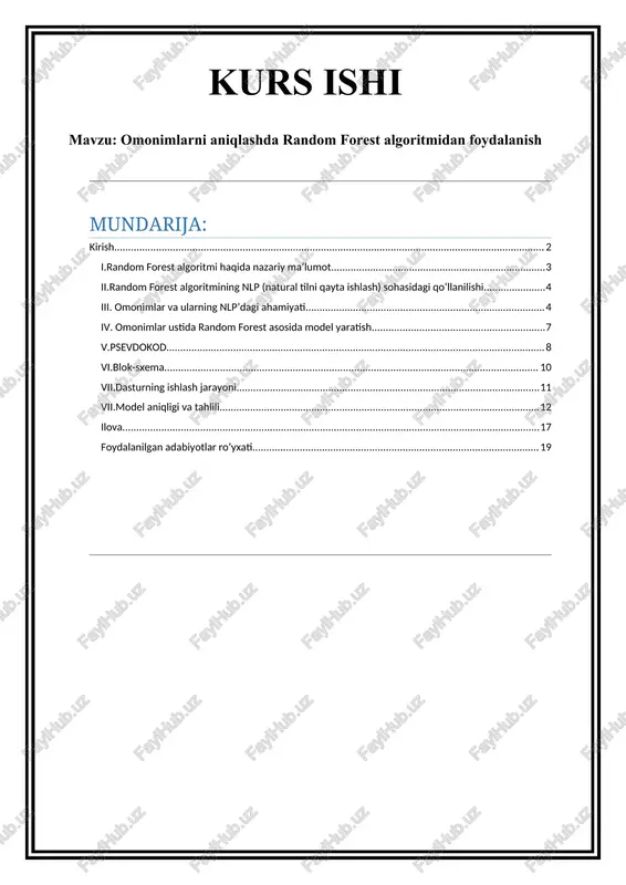 omonimlarni aniqlashda random forest algoritmidan foydalanish — DOCX