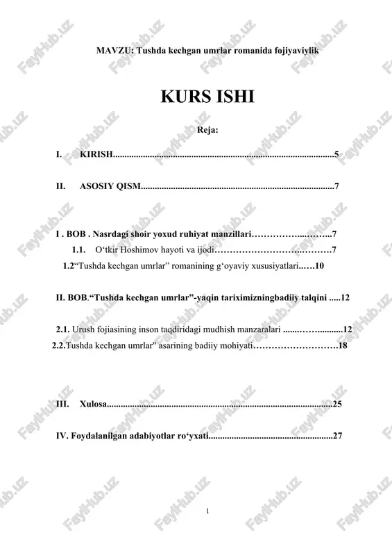 tushda kechgan umrlar romanida fojiyaviylik — DOCX