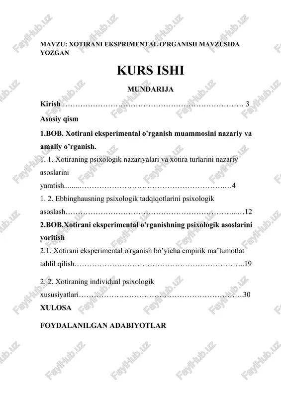 xotirani eksperimental o'rganish — DOCX