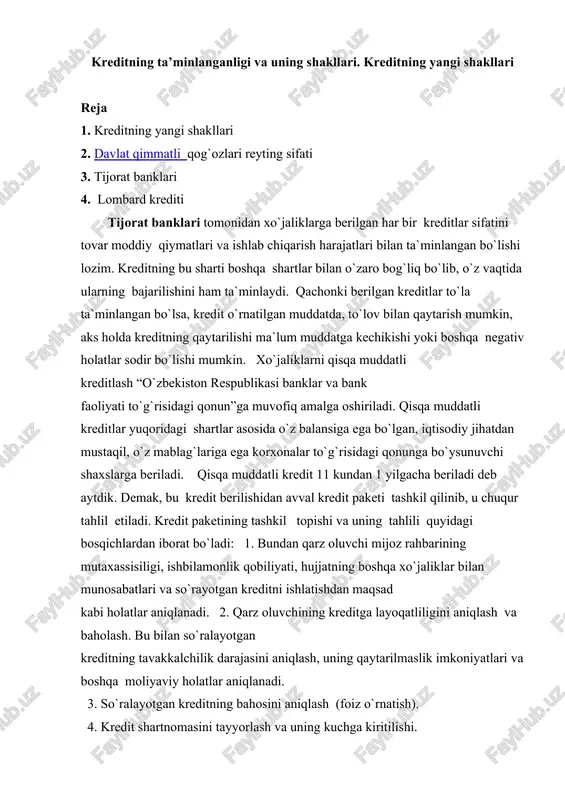 kreditning ta'minlanganligi va uning shakllari — DOC