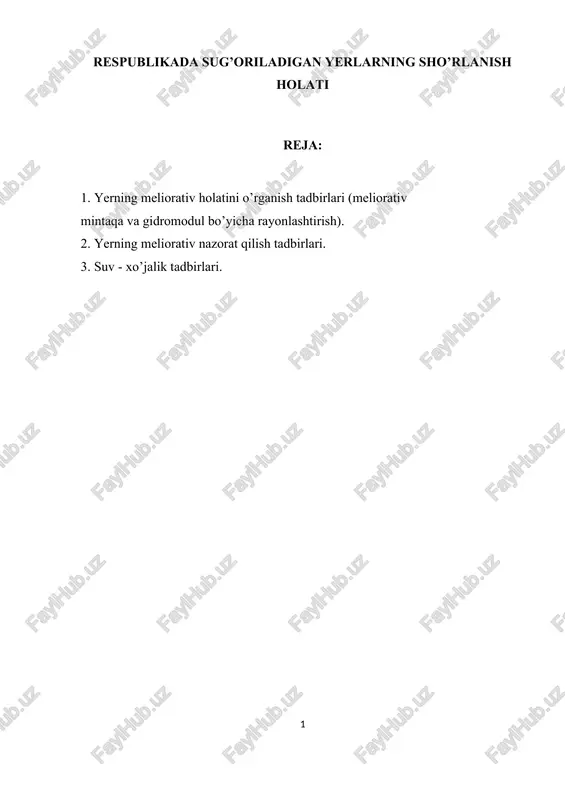 respublikada sug’oriladigan yerlarning sho’rlanish holati — DOCX