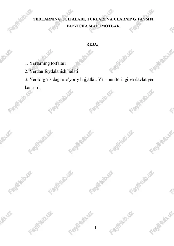 yerlarning toifalari, turlari va ularning tavsifi bo'yicha malumotlar — DOCX