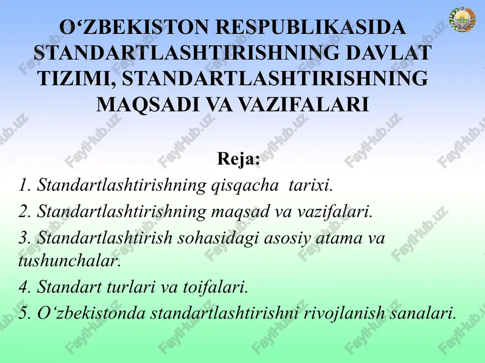 standartlashtirishning maqsadi va vazifalari — PPTX
