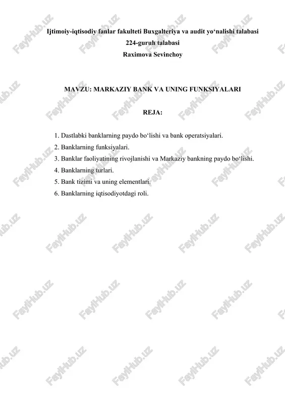 markaziy bank va uning funksiyalari — DOCX