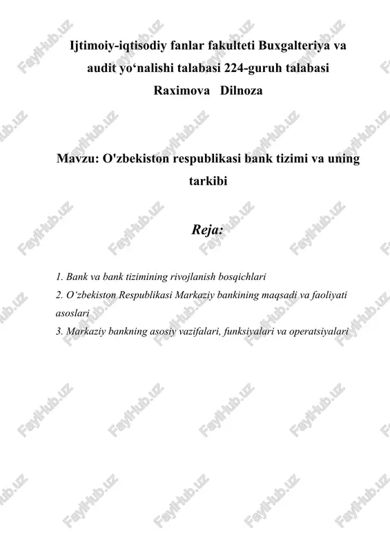 o'zbekiston respublikasi bank tizimi va uning tarkibi — DOCX