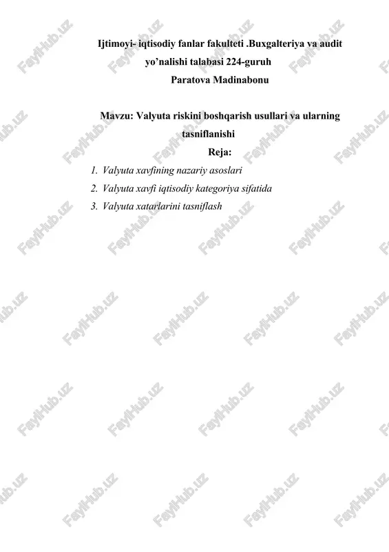 valyuta riskini boshqarish usullari va ularning tasniflanishi — DOCX