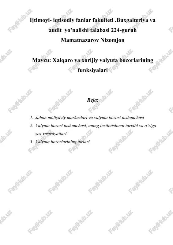 xalqaro va xorijiy valyuta bozorlarining funksiyalari — DOC