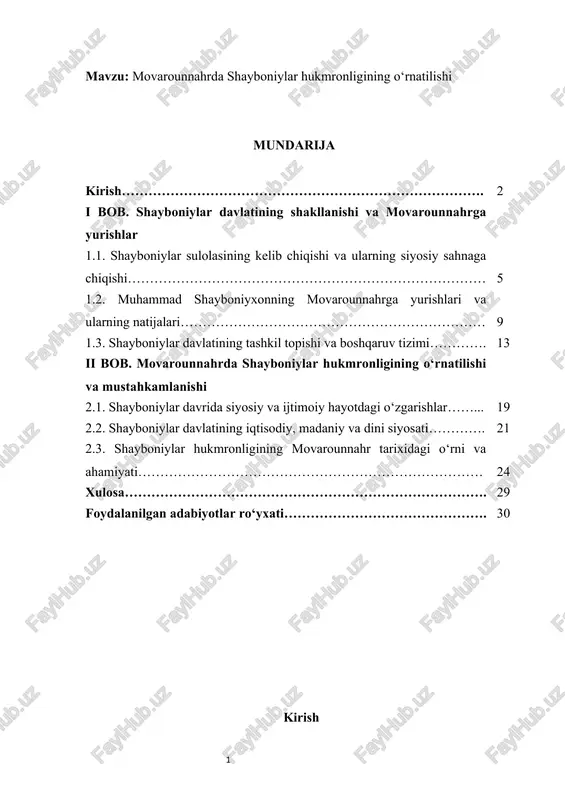 movarounnahrda shayboniylar hukmronligining o‘rnatilishi kurs ishi — DOCX