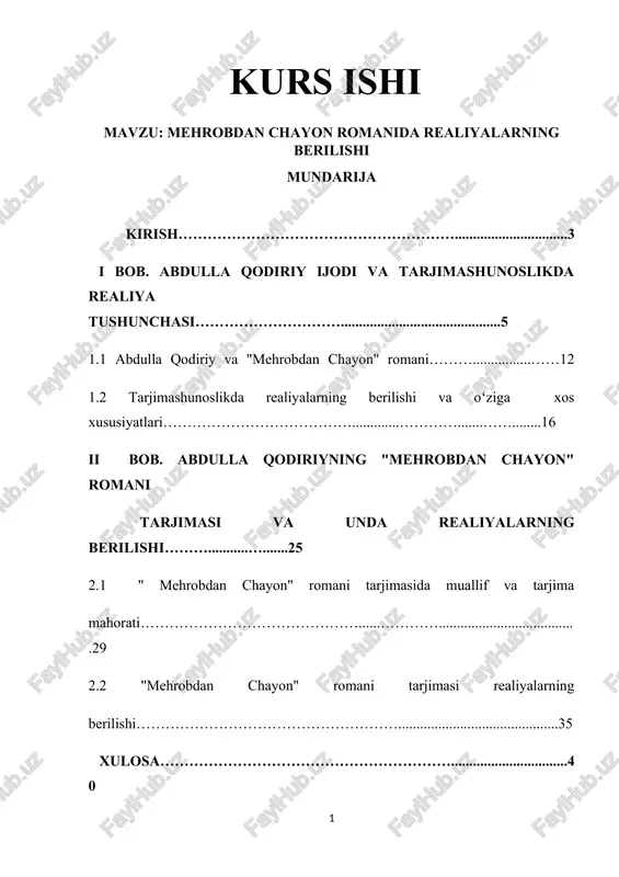 "mehrobdan chayon" romanida realiyalarning berilishi — DOCX
