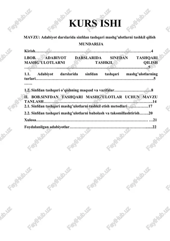 adabiyot darslarida sinfdan tashqari mashg’ulotlarni tashkil qilish — DOC