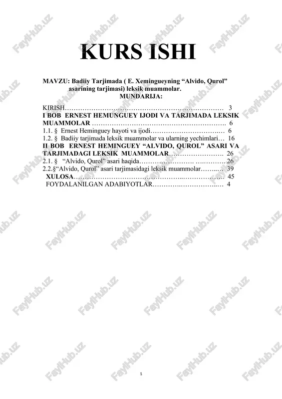 badiiy tarjimada ( e. xemingueyning “alvido, qurol” asarining tarjimasi) — DOCX