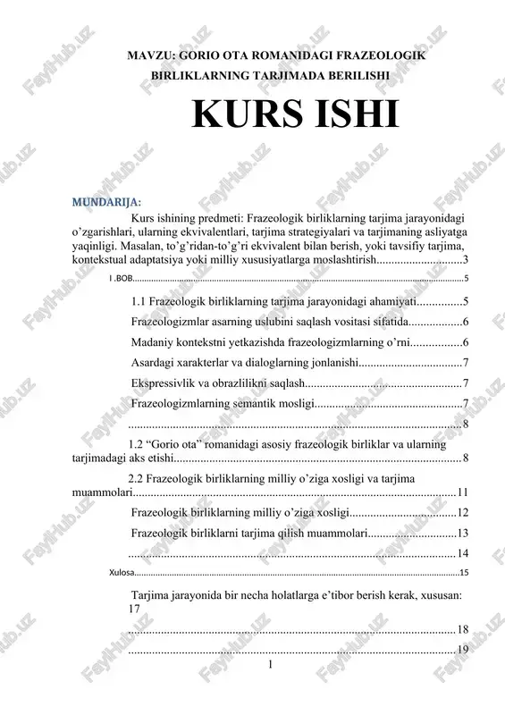 gorio ota romanidagi frazeologik birliklarning tarjimada berilishi — DOCX