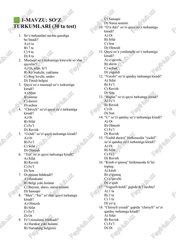 so‘z turkumlari (30 ta test) — DOCX