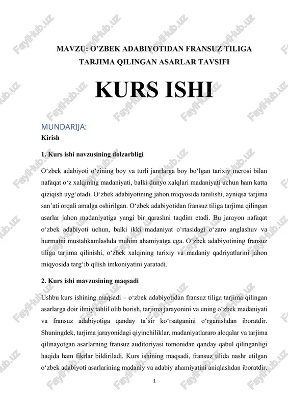 o’zbek adabiyotidan fransuz tiliga tarjima qilingan asarlar tavsifi kurs ishi — DOCX