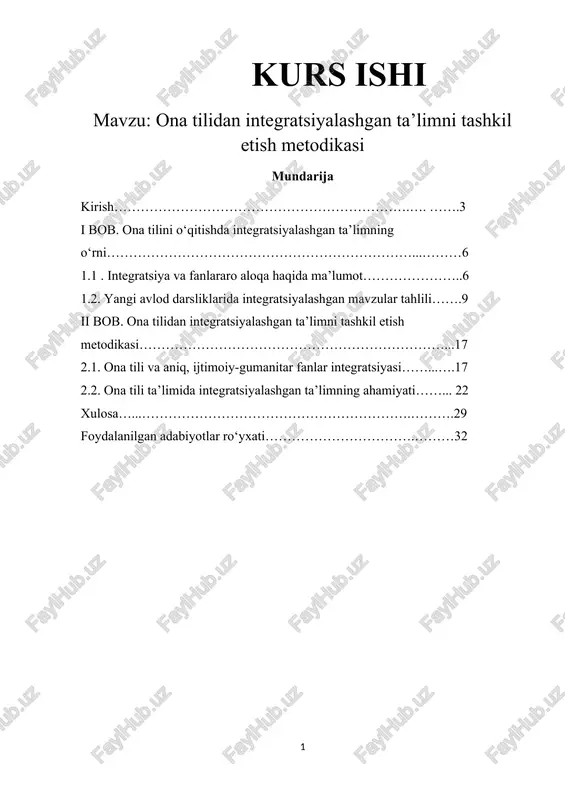ona tilidan integratsiyalashgan ta’limni tashkil etish metodikasi — DOCX