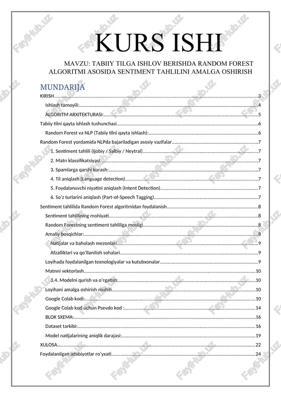 tabiiy tilga ishlov berishda random forest algoritmi asosida sentiment tahlilini amalga oshirish — DOCX